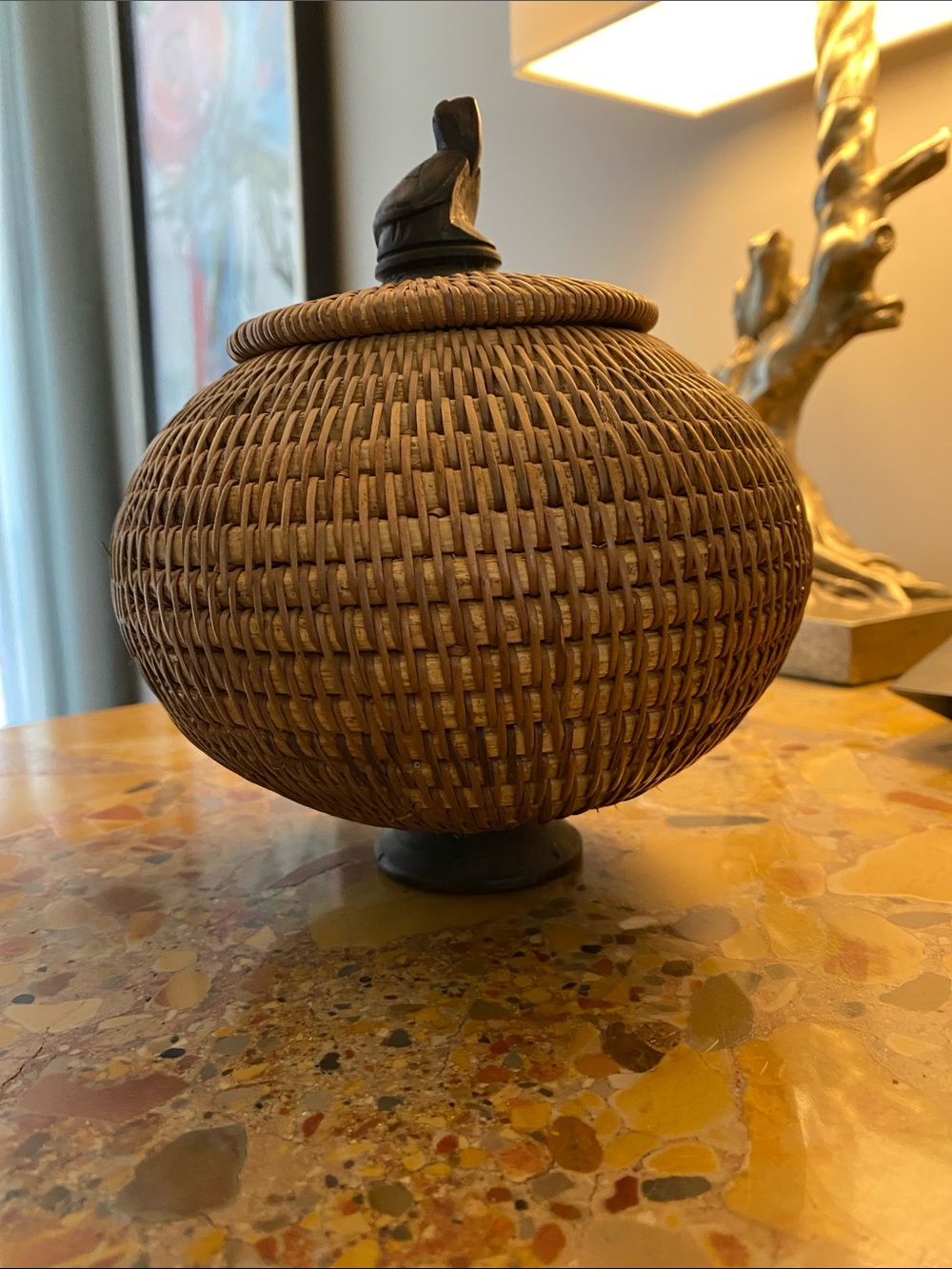 Vintage Indonesian Lombok hand woven basket with lid and hand carved frog